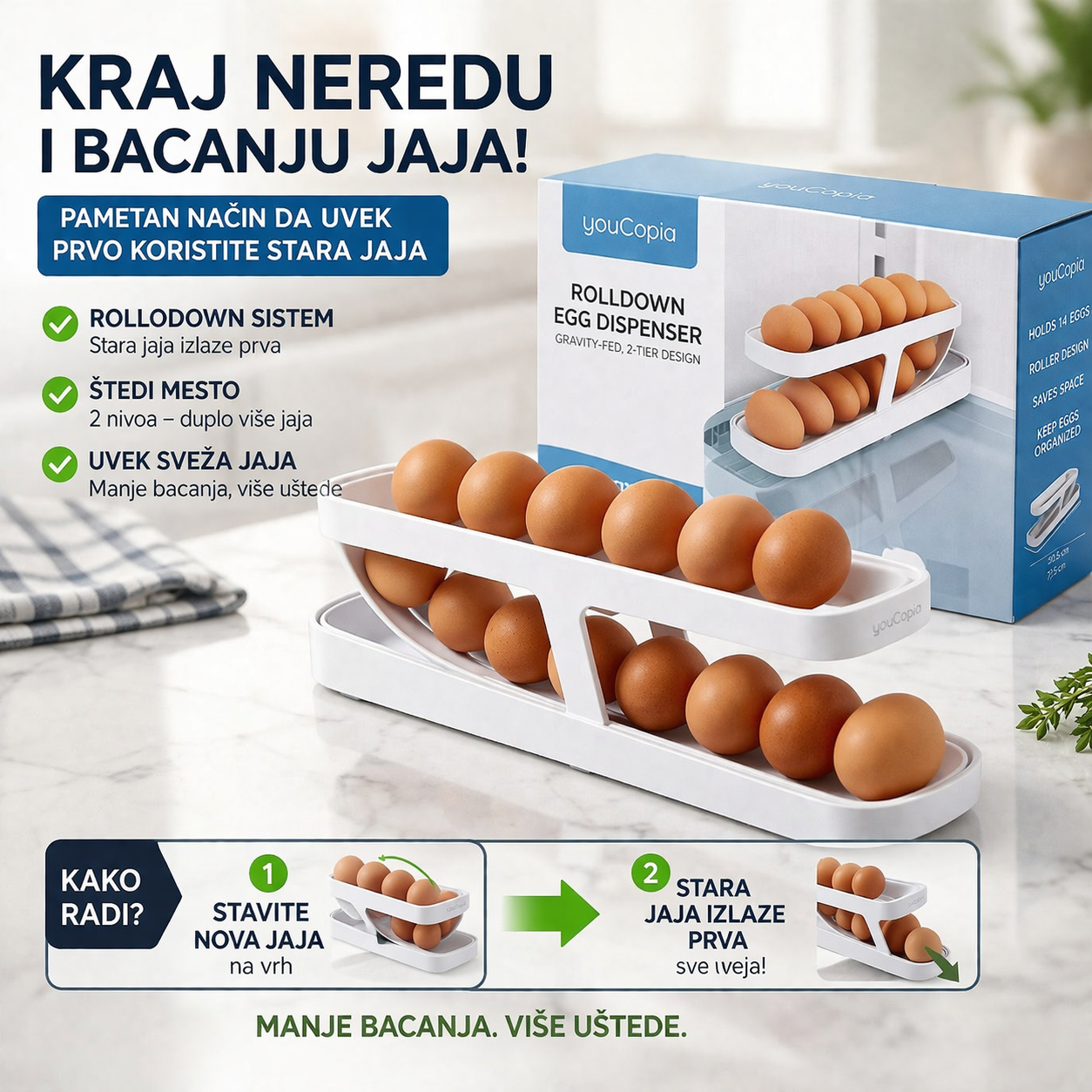 Organizator za jaja koji štedi prostor i dozira jedno po jedno