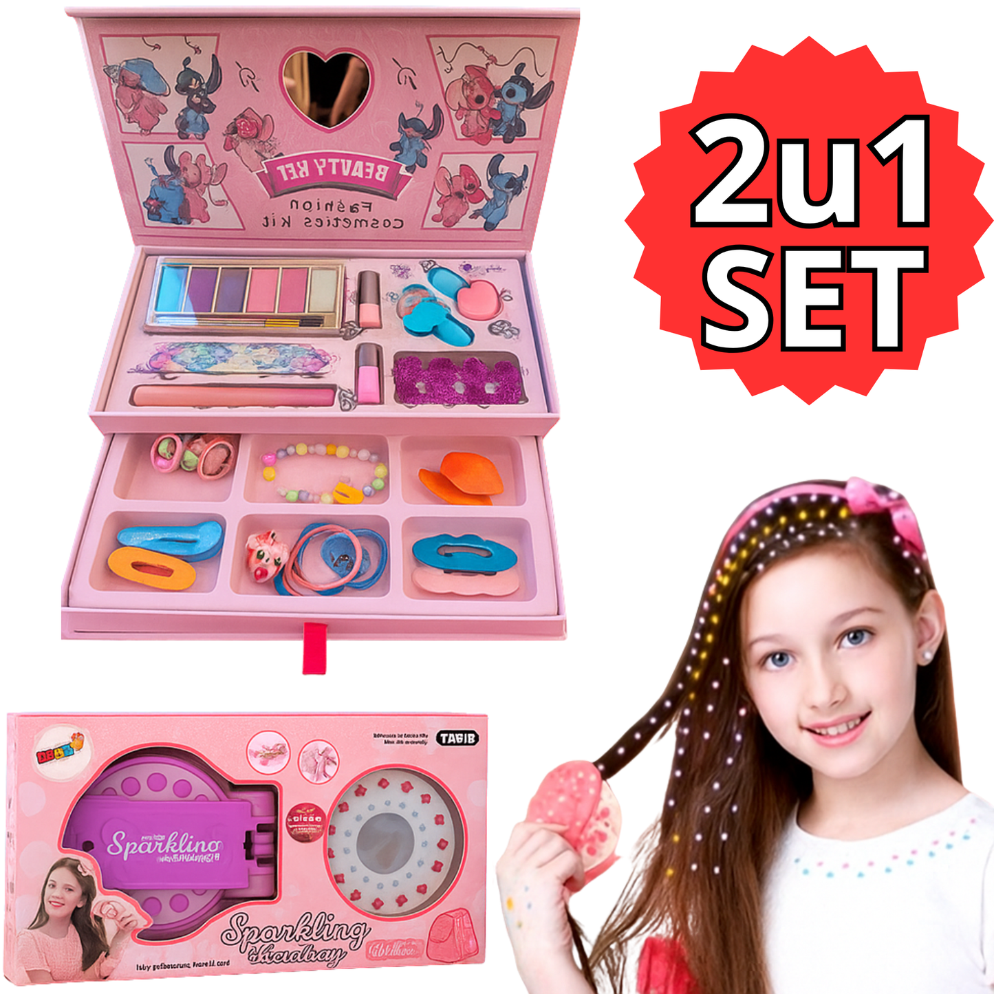 MAGIČNI SET ZA DEVOJČICE(CIRKONI ZA KOSU,ŠMINKA I NAKIT)